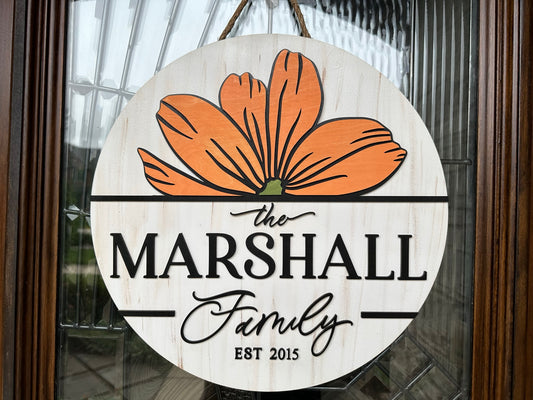 Floral Wood Sign (or Door Hanger) with Family Name