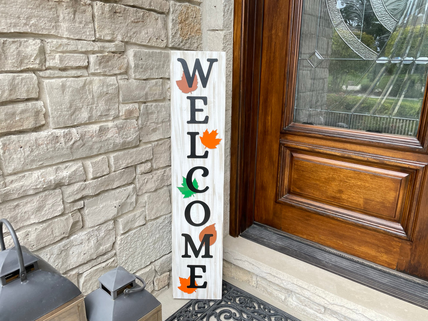 Welcome Porch Sign with Fall Leaves