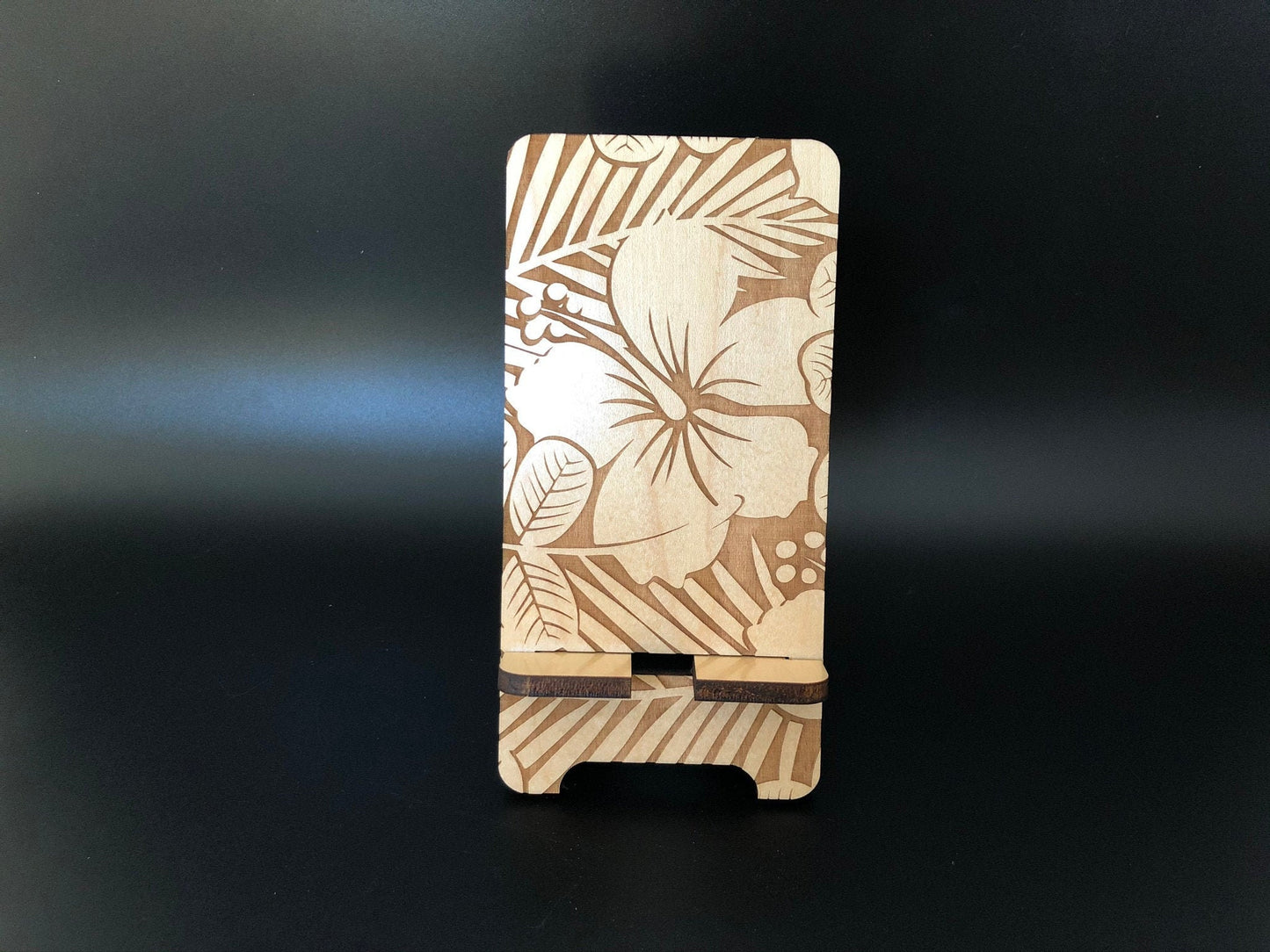 Hibiscus Wooden Phone Stand | Customized Smartphone Holder | Personalized Docking Station | Stocking Stuffer, Birthday Gift | Desk Organizer