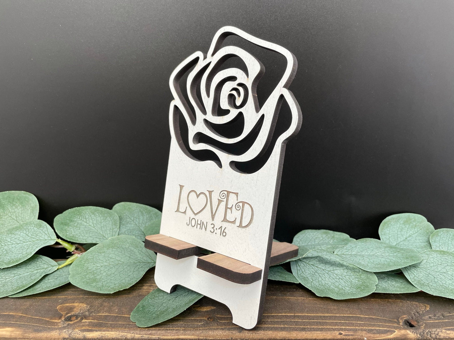 Rose Cutout Wooden Phone Stand