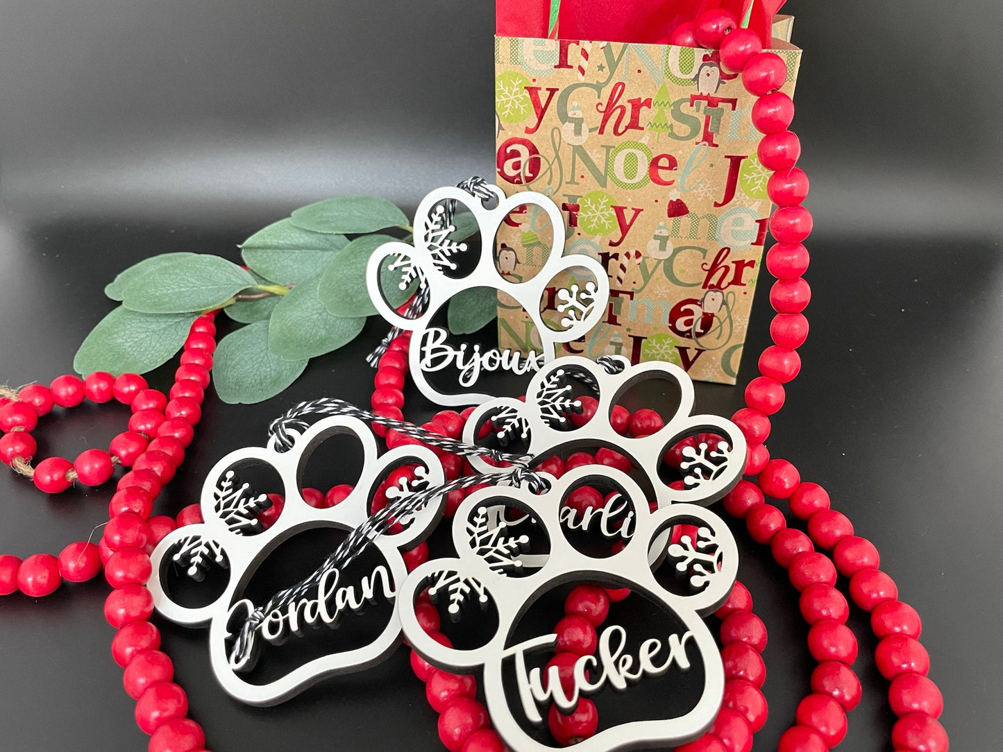 Paw Print Ornament with Snowflakes | Customized Wooden Layered Ornament | Puppy Dog Cat Lover | Christmas Holiday Ornament