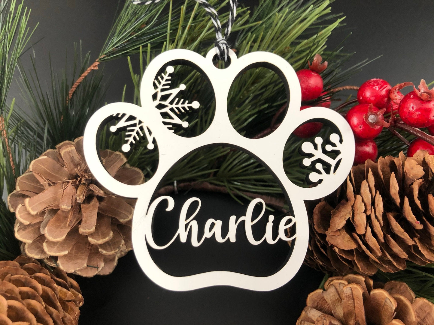 Paw Print Ornament with Snowflakes  |  Customized Wooden Layered Ornament  |  Puppy Dog Cat Lover  |  Christmas Holiday Ornament